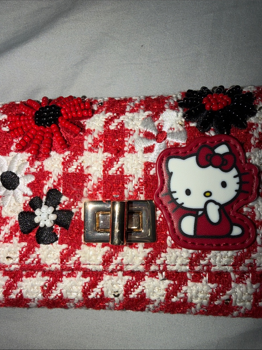 Hello Kitty Red & White Tweed Wallet with Bead Flower Accents